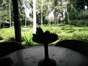 A table with a bowl in the center, surrounded by chairs, in a garden with palm trees and a pond in the background. - Puri Tupai (Ubud)