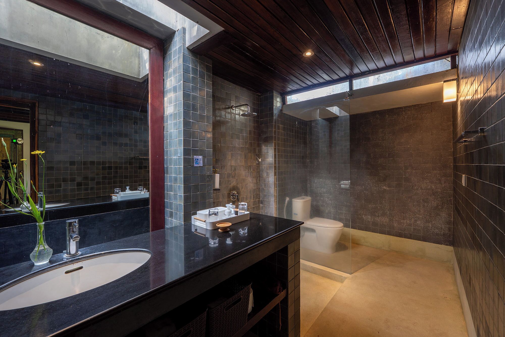 A modern bathroom with a large mirror, a black countertop, a shower, and a visible skylight.