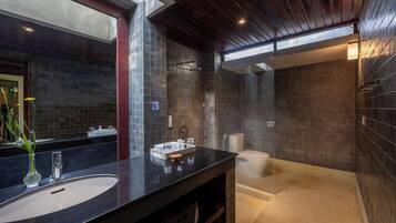 A modern bathroom with a large mirror, a black countertop, a shower, and a visible skylight.