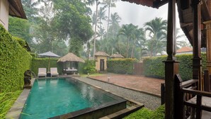 A swimming pool with lounge chairs, a gazebo, and a thatched-roof structure in a lush garden. - Puri Tupai (Ubud)