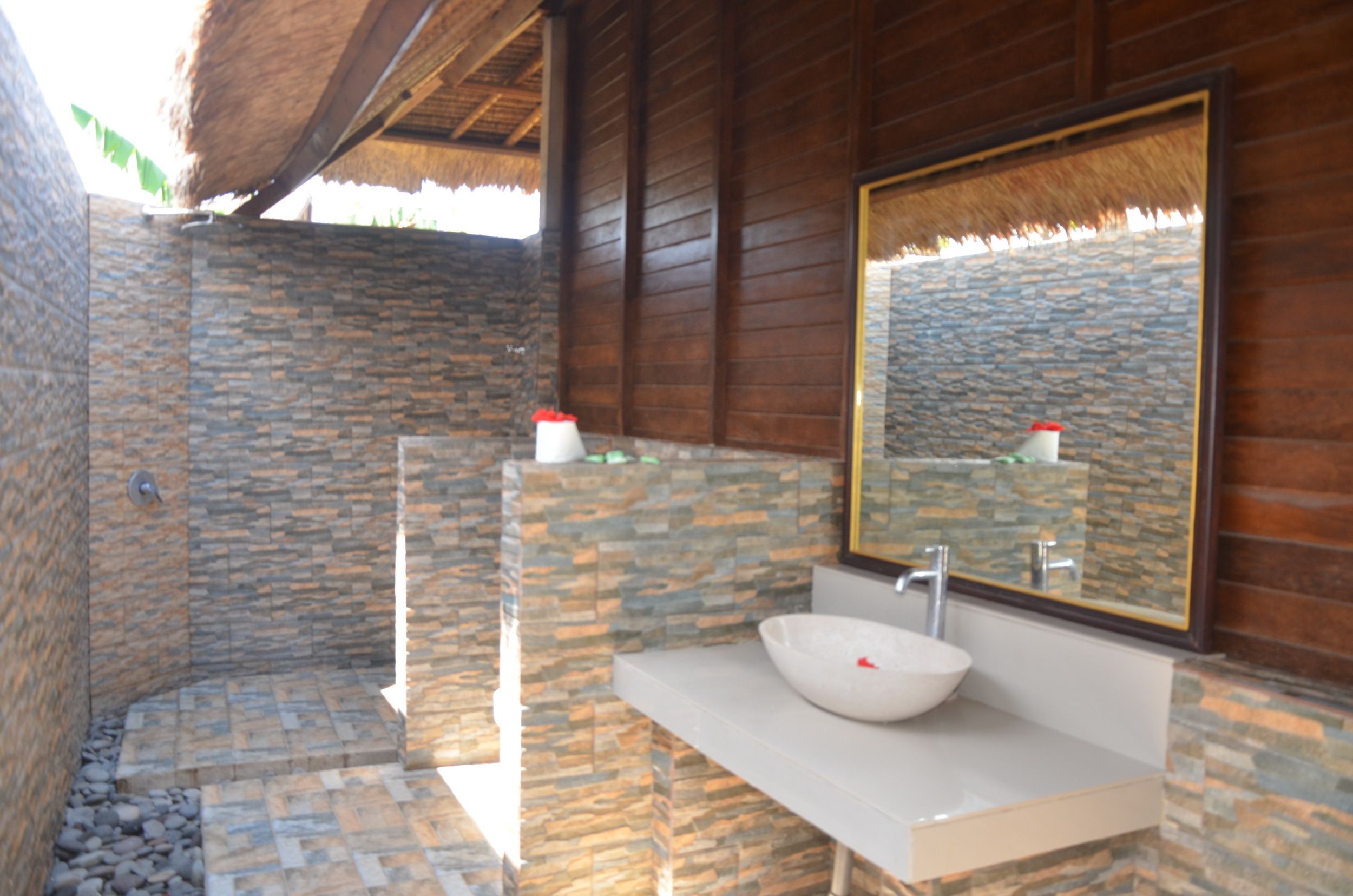 one bedroom bungalow pool view | bathroom | shower, dressing gowns, towels