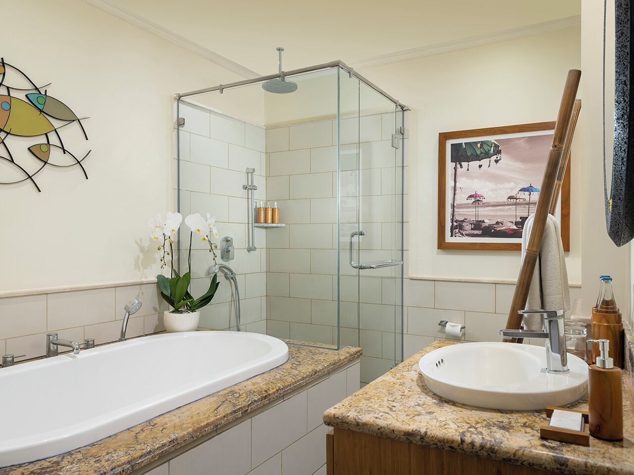 two bedroom apartment suite | bathroom | separate bathtub and shower, rainfall showerhead, free toiletries