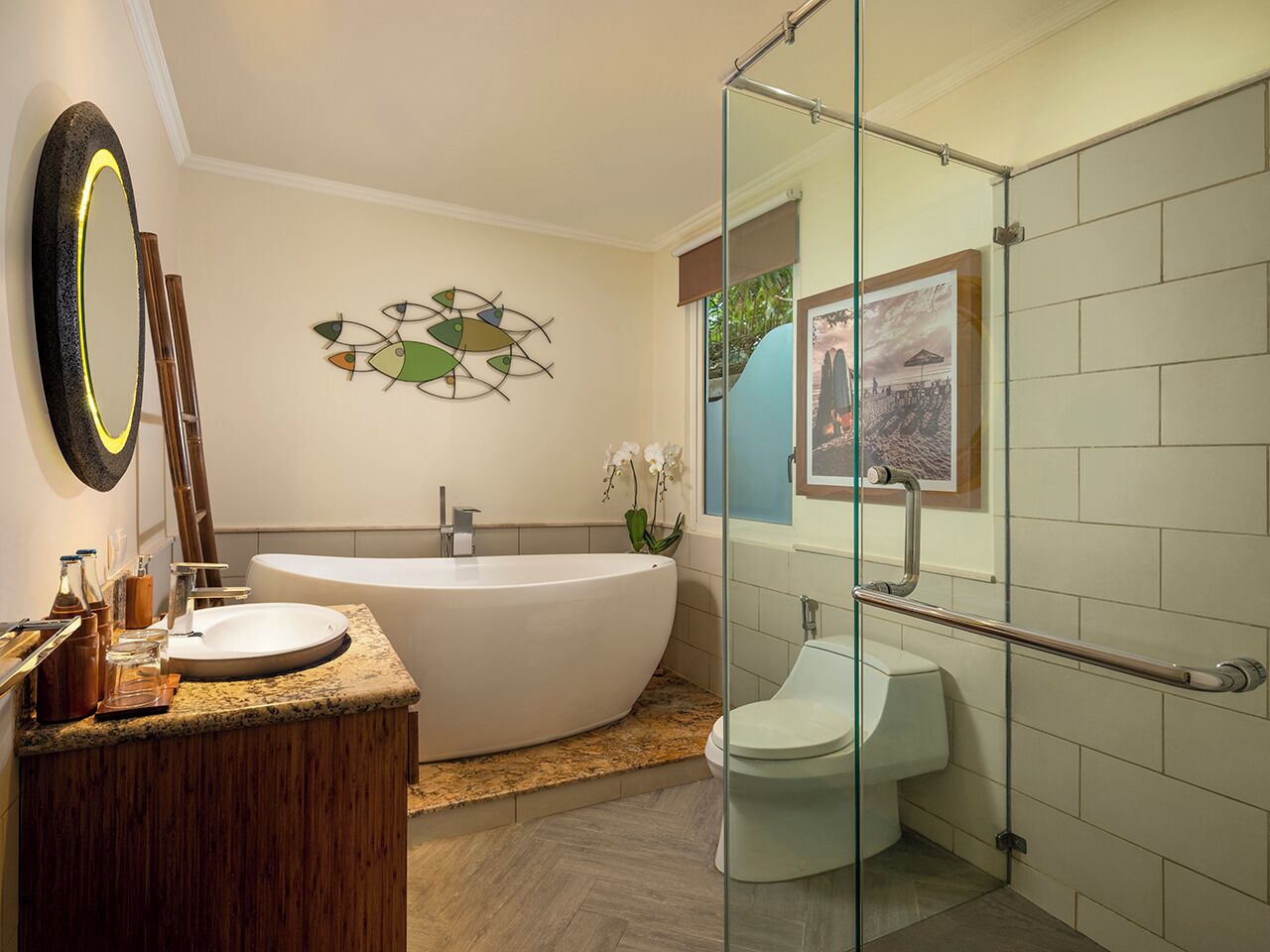 one bedroom apartment suite         | bathroom | separate bathtub and shower, rainfall showerhead, free toiletries