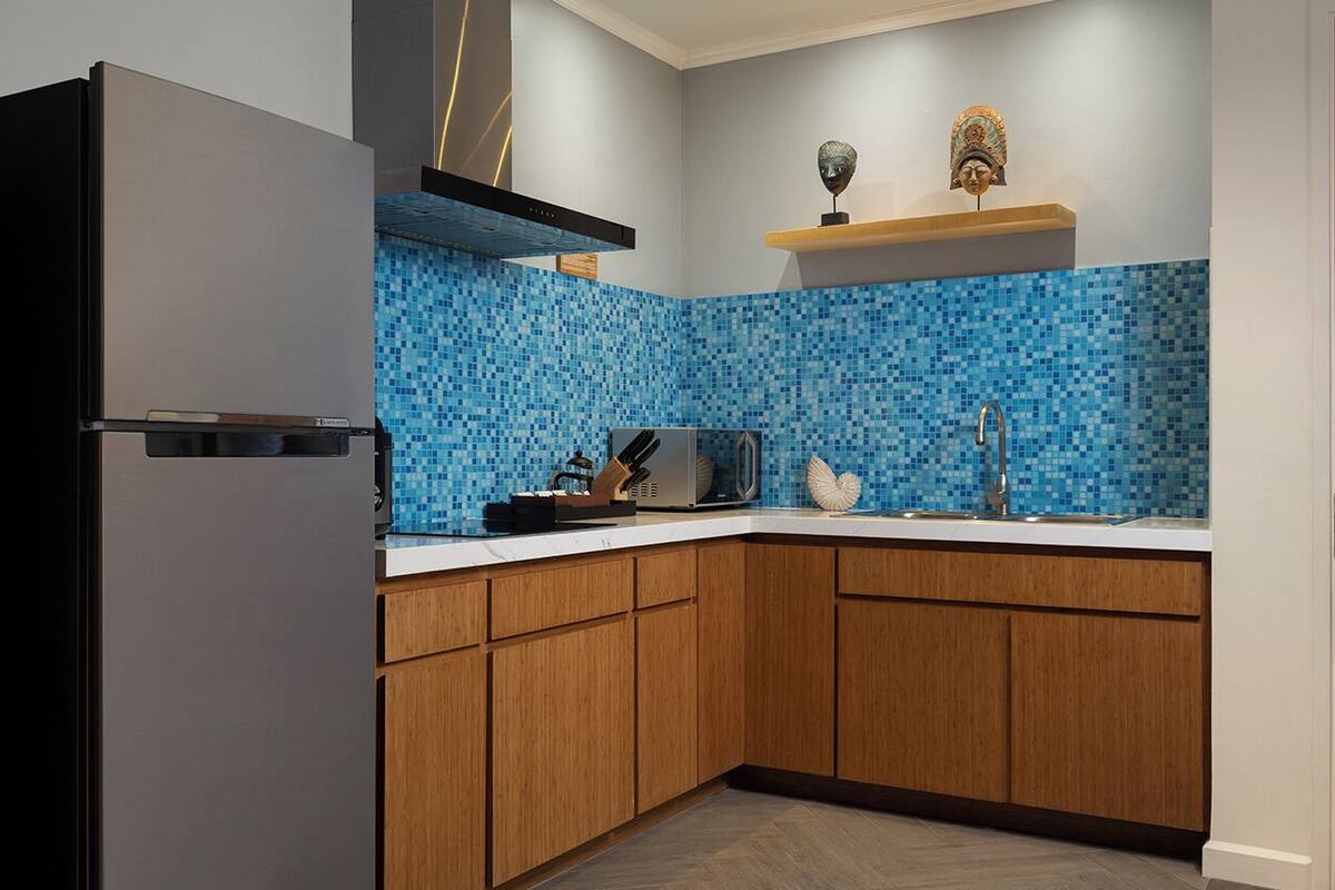 two bedroom apartment suite | private kitchen | fridge, electric kettle