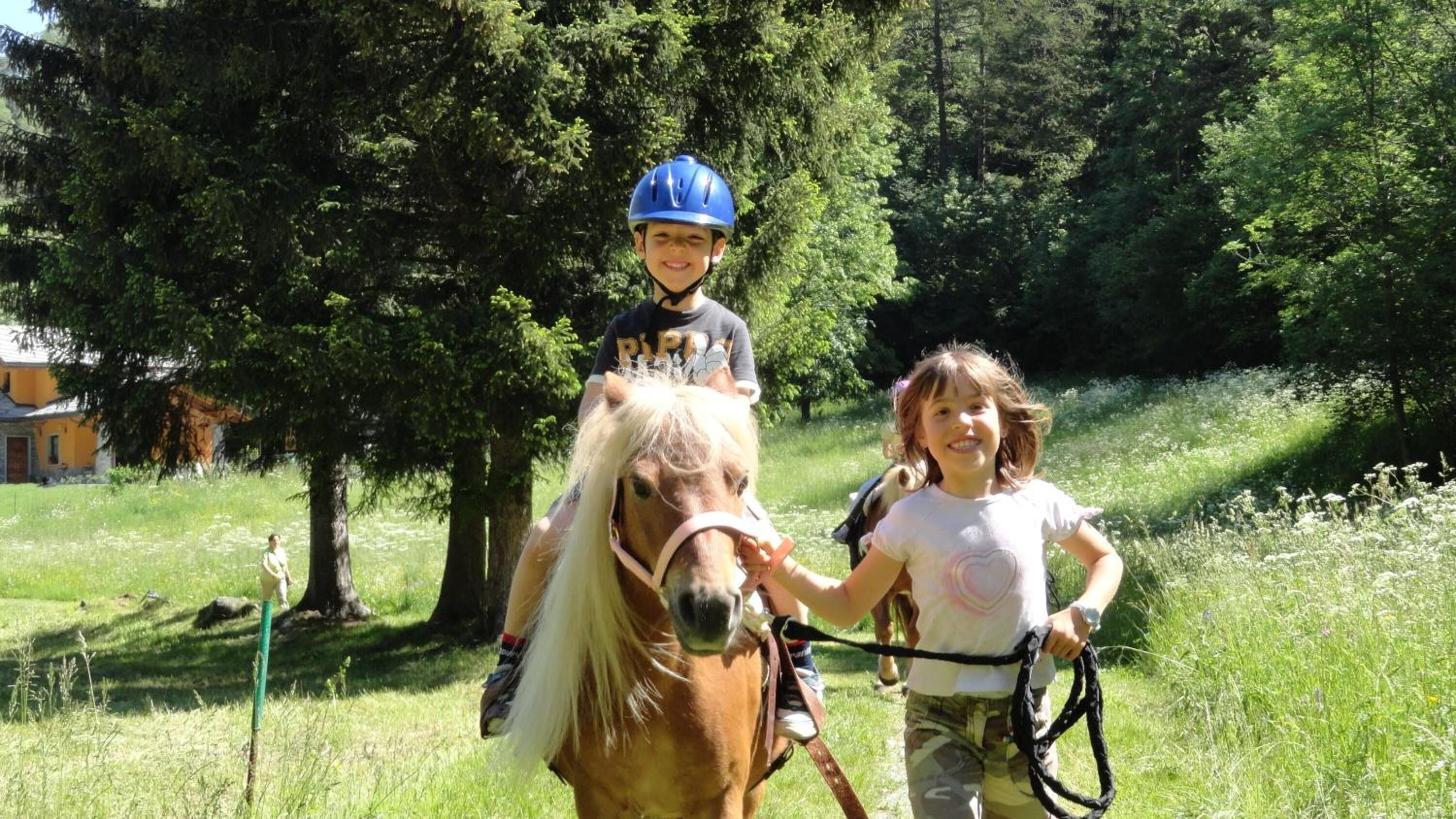 A child riding a pony in a grassy area with trees and a building in the background.
