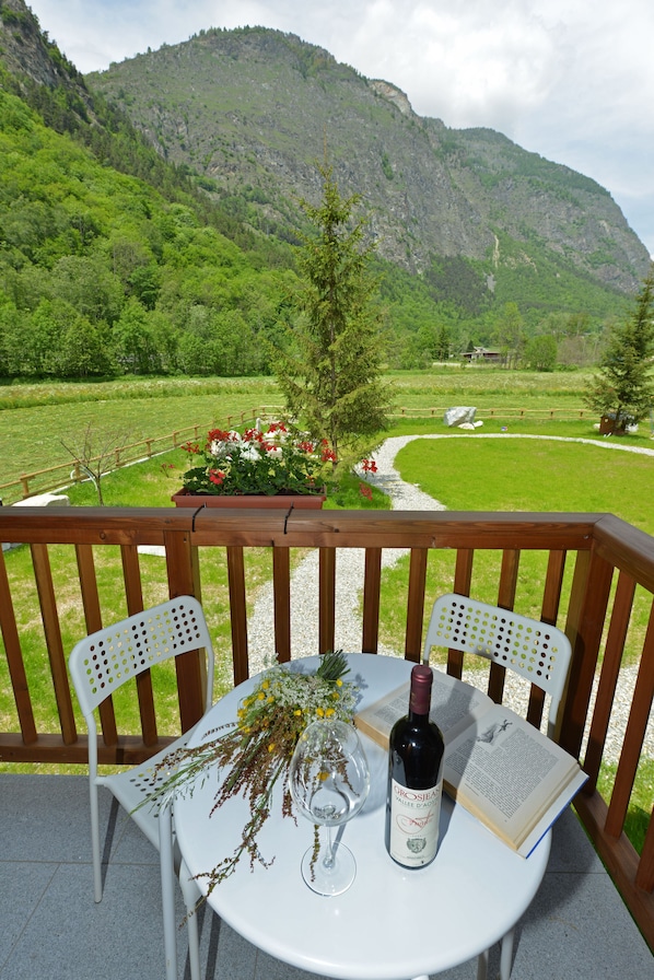 A table with a bottle of wine, a glass, and an open book on a balcony overlooking a mountainous landscape.