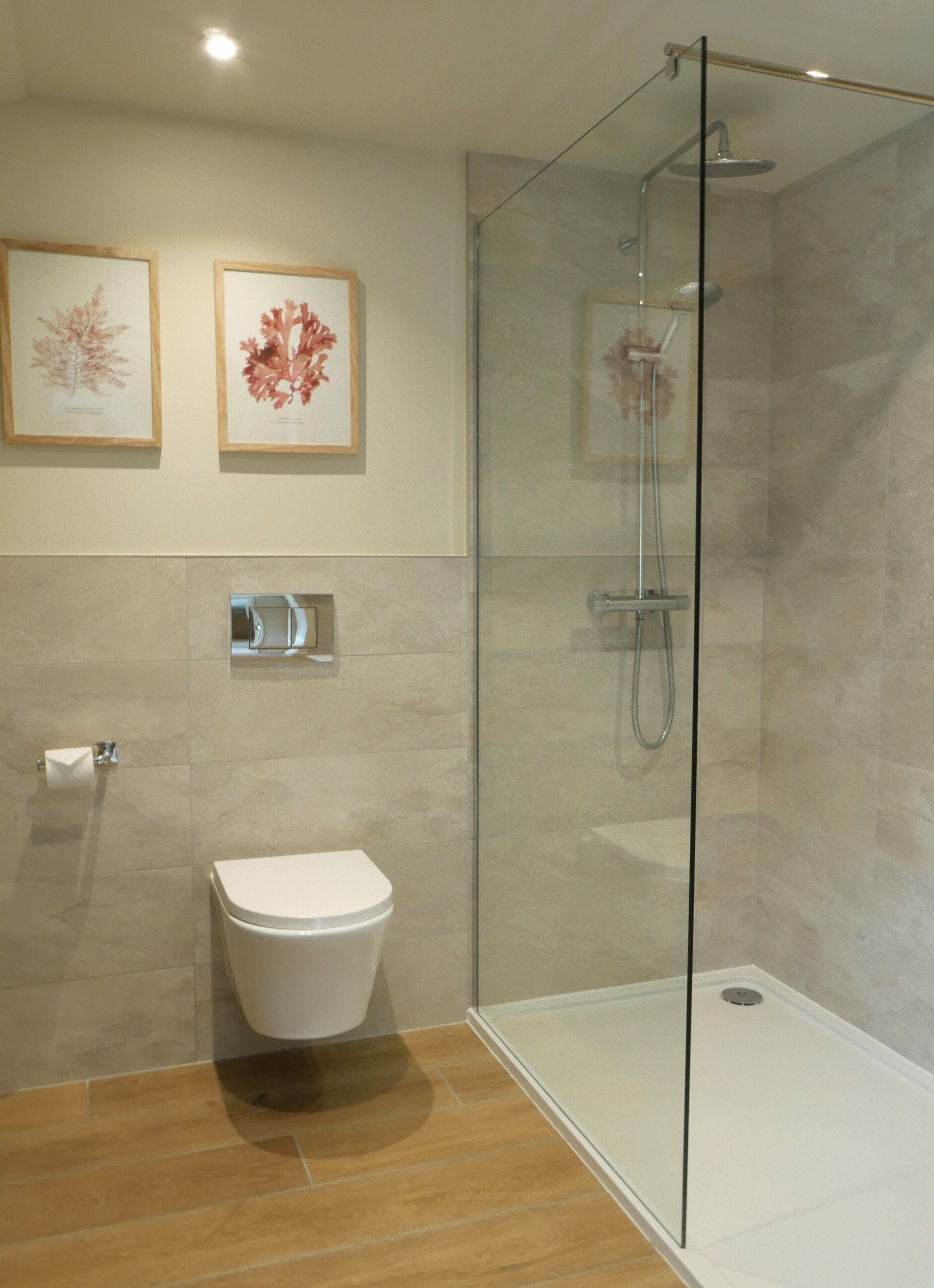 Une salle de bain moderne dotée d’une douche à parois de verre, de toilettes et de deux reproductions botaniques encadrées accrochées au mur.