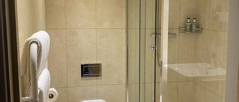 A modern bathroom with a glass-enclosed shower, a toilet, and a towel rack.