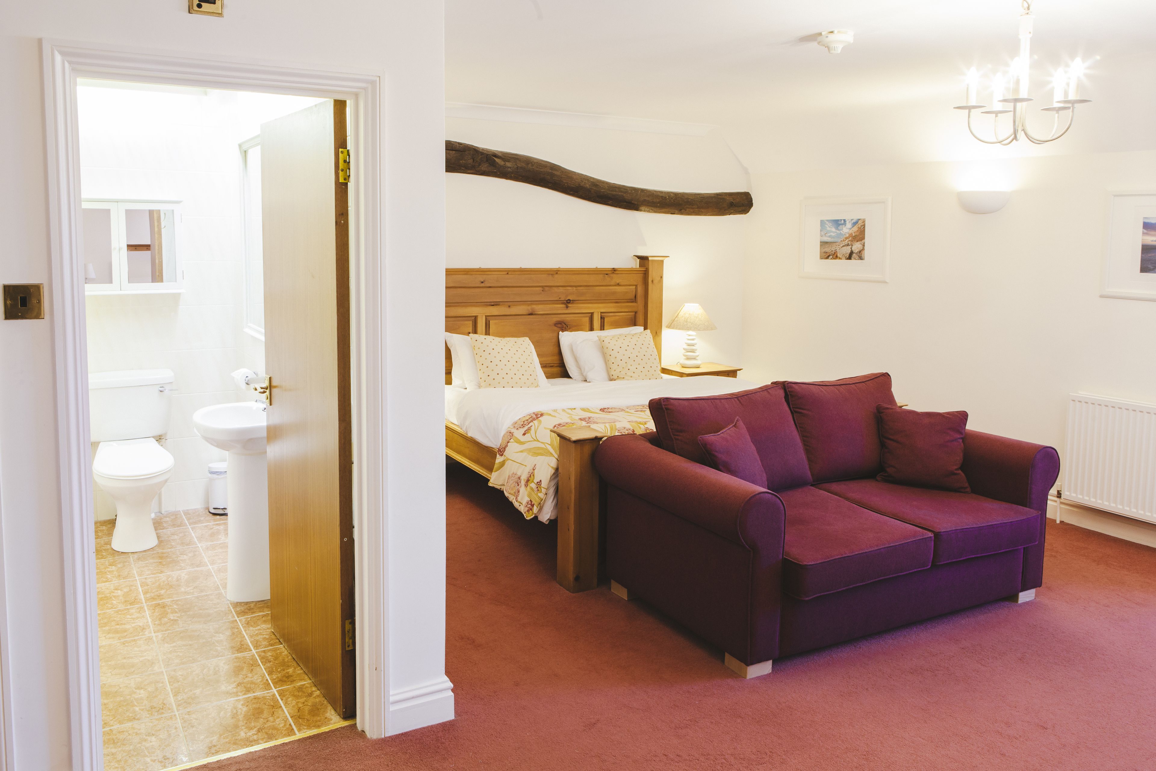 A bedroom with a wooden headboard, a purple sofa, a bedside table with a lamp, and a view of the bathroom with a toilet and sink.