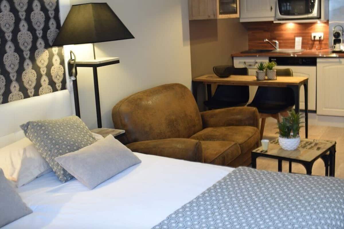 Un dormitorio con una cama, un sillón marrón, una mesita con una planta y una kitchenette al fondo.