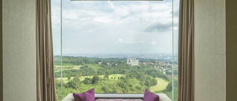 A room with a large window offering a view of a green landscape and a distant building.