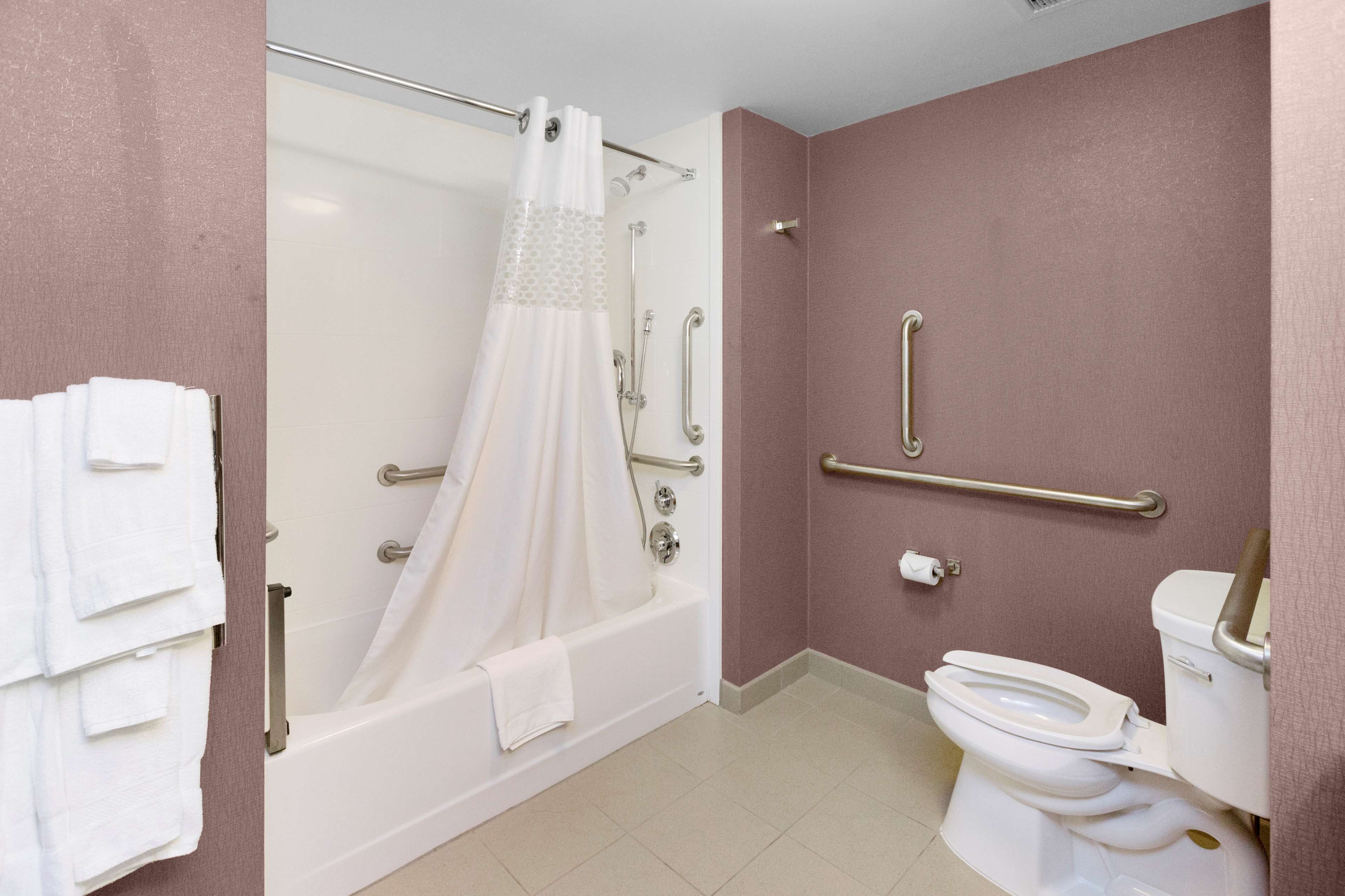 Un baño con ducha, inodoro y barras de apoyo.