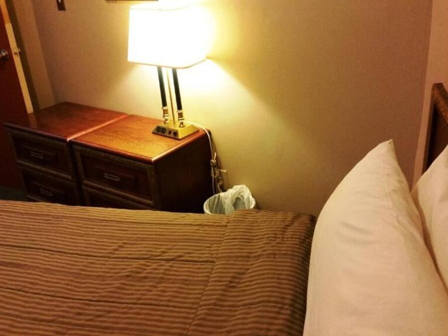 A hotel room with a bed, a nightstand with a lamp, and a door.