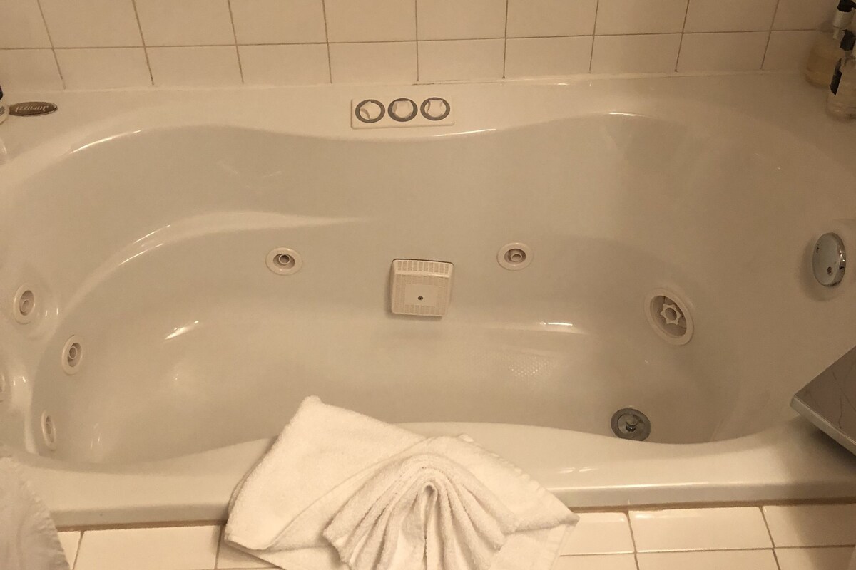 A bathtub with control knobs, a handheld showerhead, and a bottle of shampoo.