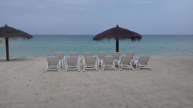 Una playa con sillas de descanso blancas dispuestas en filas, dos sombrillas de paja y una vista despejada del mar.