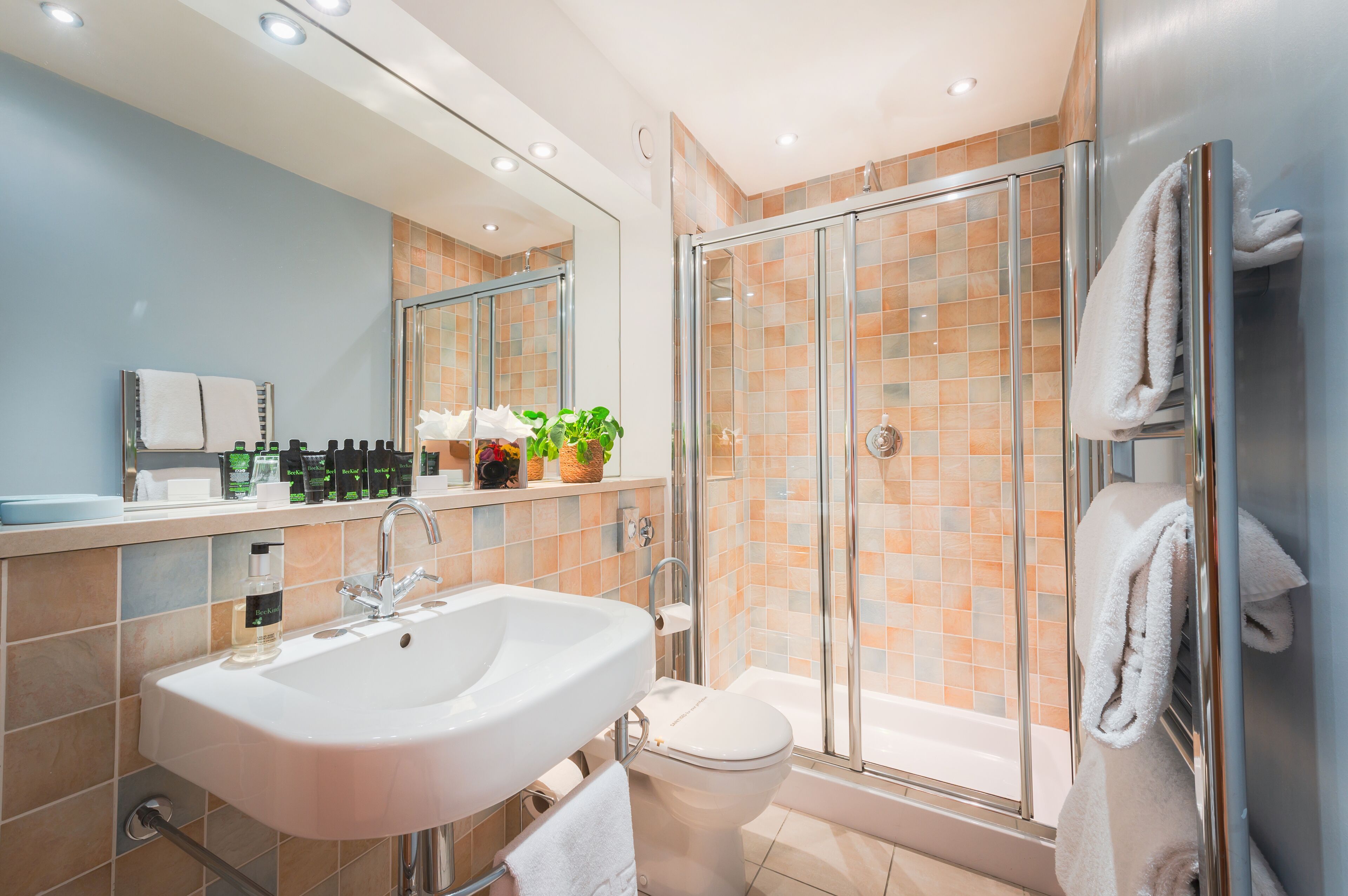 A modern bathroom with a glass-enclosed shower, a white sink, and a toilet.