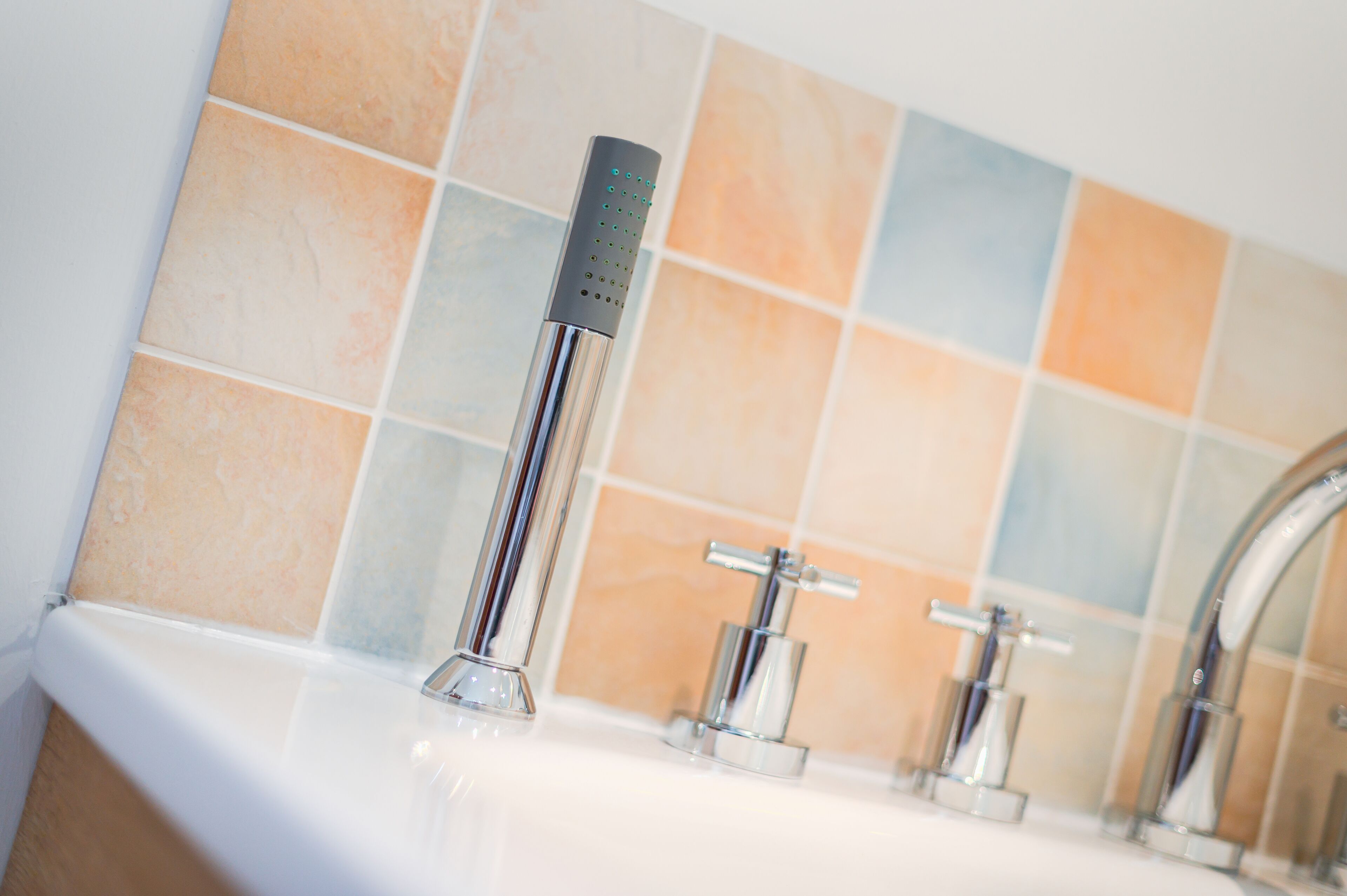 A bathroom with a white sink, a handheld showerhead, and a wall-mounted faucet.