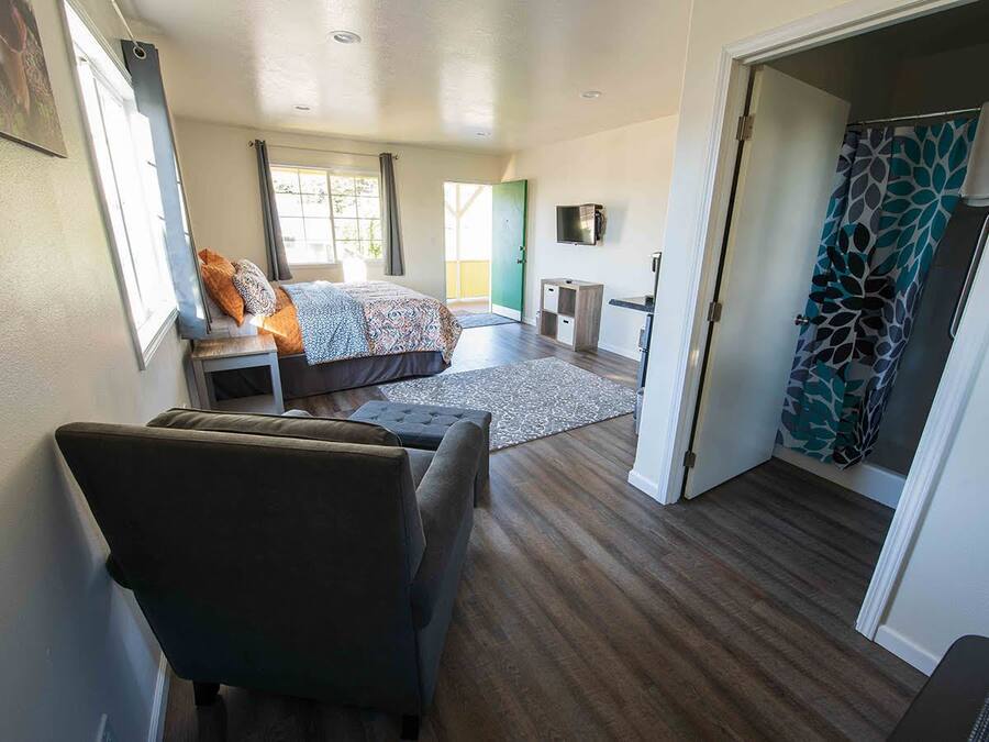A modern hotel room with a large bed, a sofa, a desk, and a shower area.