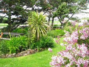 A garden with a variety of plants, a stone wall, and a wooden bench. - Pacific City Inn (Pacific City)