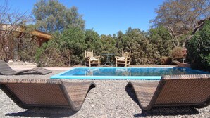 A pool area with two wicker lounge chairs facing a clear blue pool, surrounded by dense shrubbery and trees. - Pat'ta Hoiri Hotel (San Pedro de Atacama)