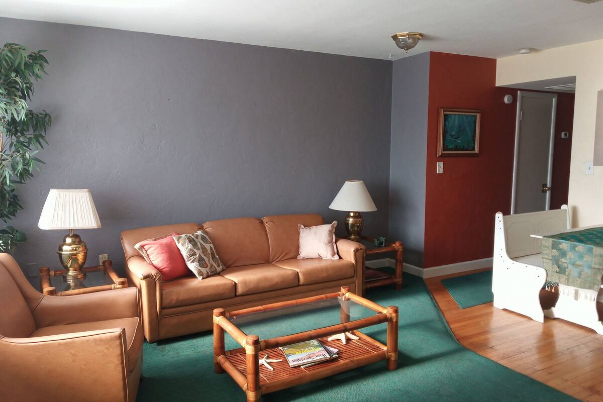A living room with a brown leather sofa, two lamps, a small wooden coffee table, and a green carpet.