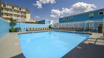Outdoor pool, pool umbrellas, pool loungers