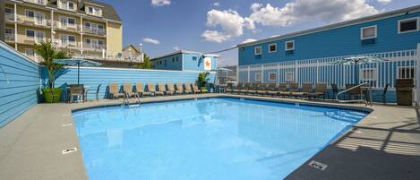 Outdoor pool, pool umbrellas, pool loungers