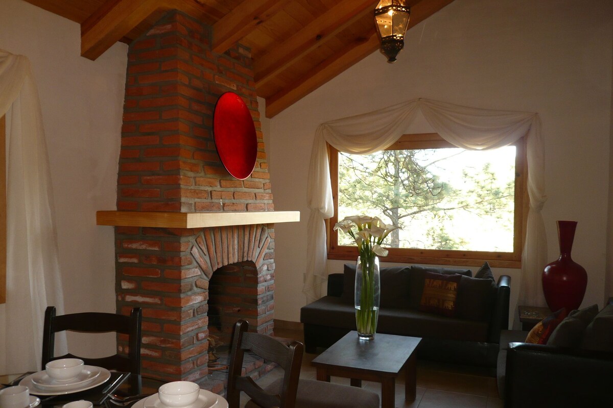 Un salón acogedor con chimenea de ladrillo, una mesa de comedor con platos y tazas, un sofá y una ventana con vistas a árboles.