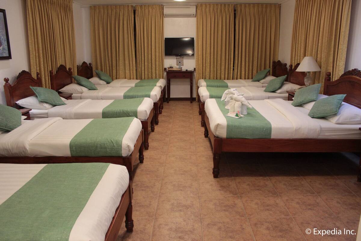A hotel room with four single beds, each with a green and white bedspread, wooden headboards, and matching pillows. There is a television on a wooden stand above the beds, and a small table with a lamp between the beds.