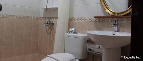 A bathroom with a shower, toilet, sink, and a mirror.