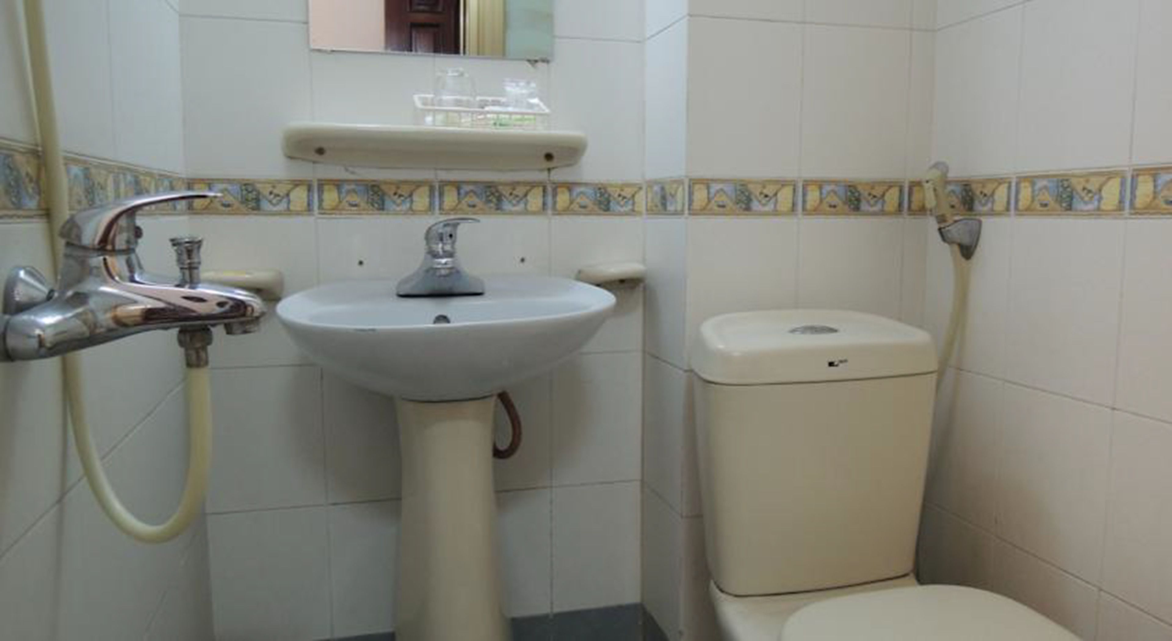 A bathroom with a white sink, a toilet, and a shower.