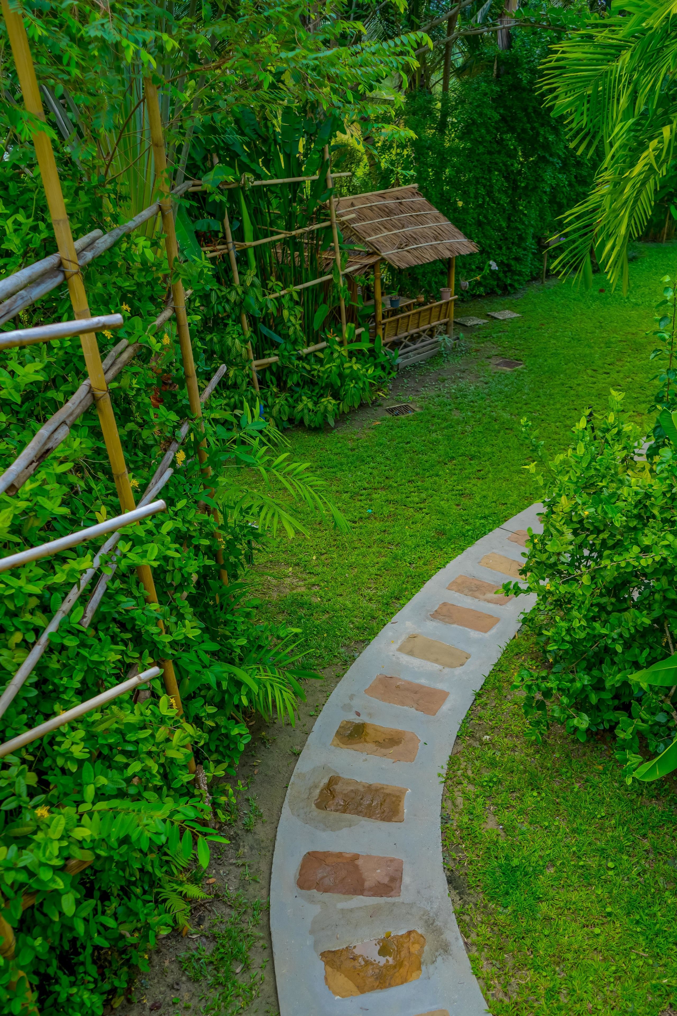 A garden pathway with a bamboo structure and a small shelter.