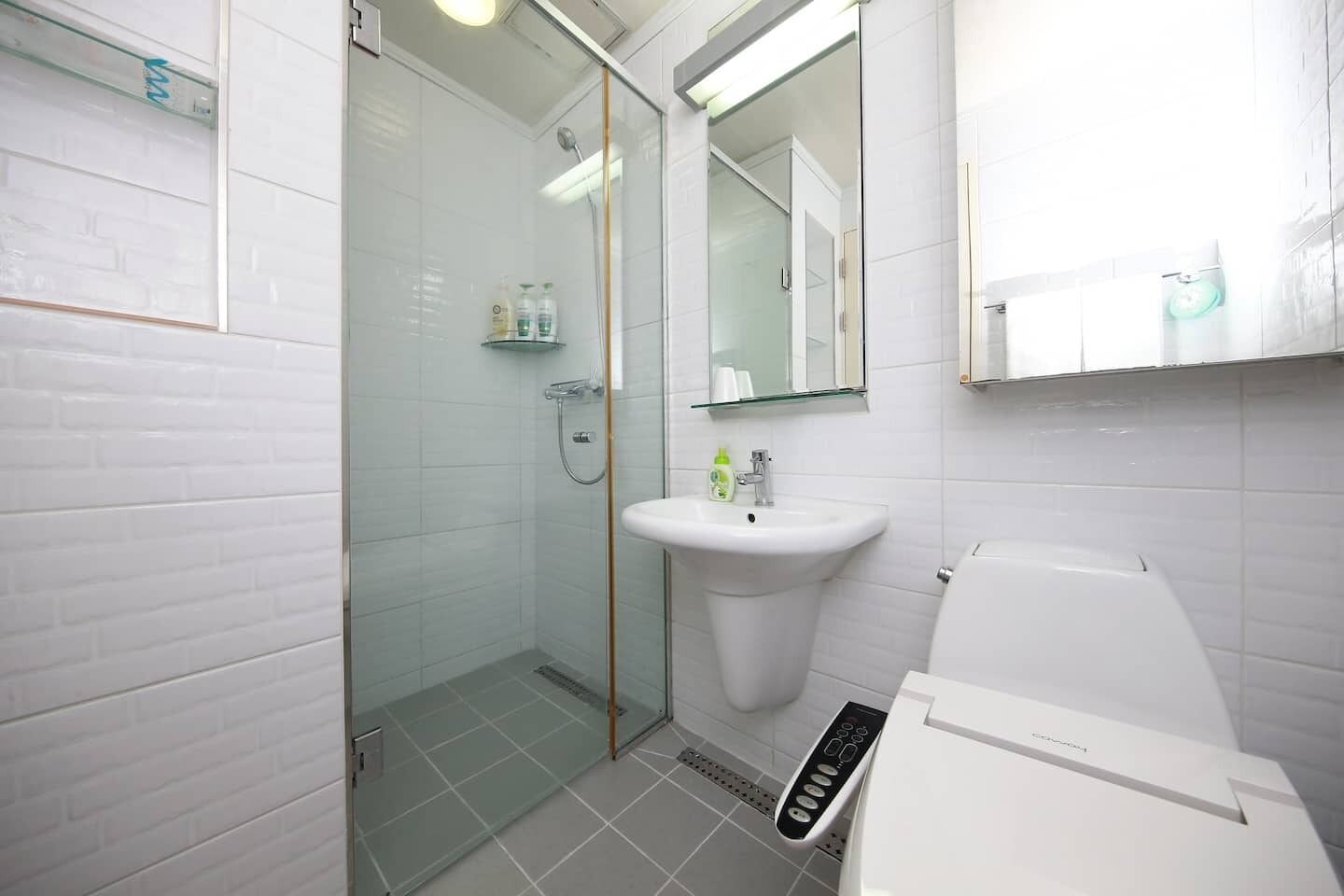 Un baño moderno con ducha de vidrio, un lavamanos blanco y un inodoro.