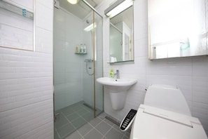 Un baño moderno con ducha de vidrio, un lavamanos blanco y un inodoro.