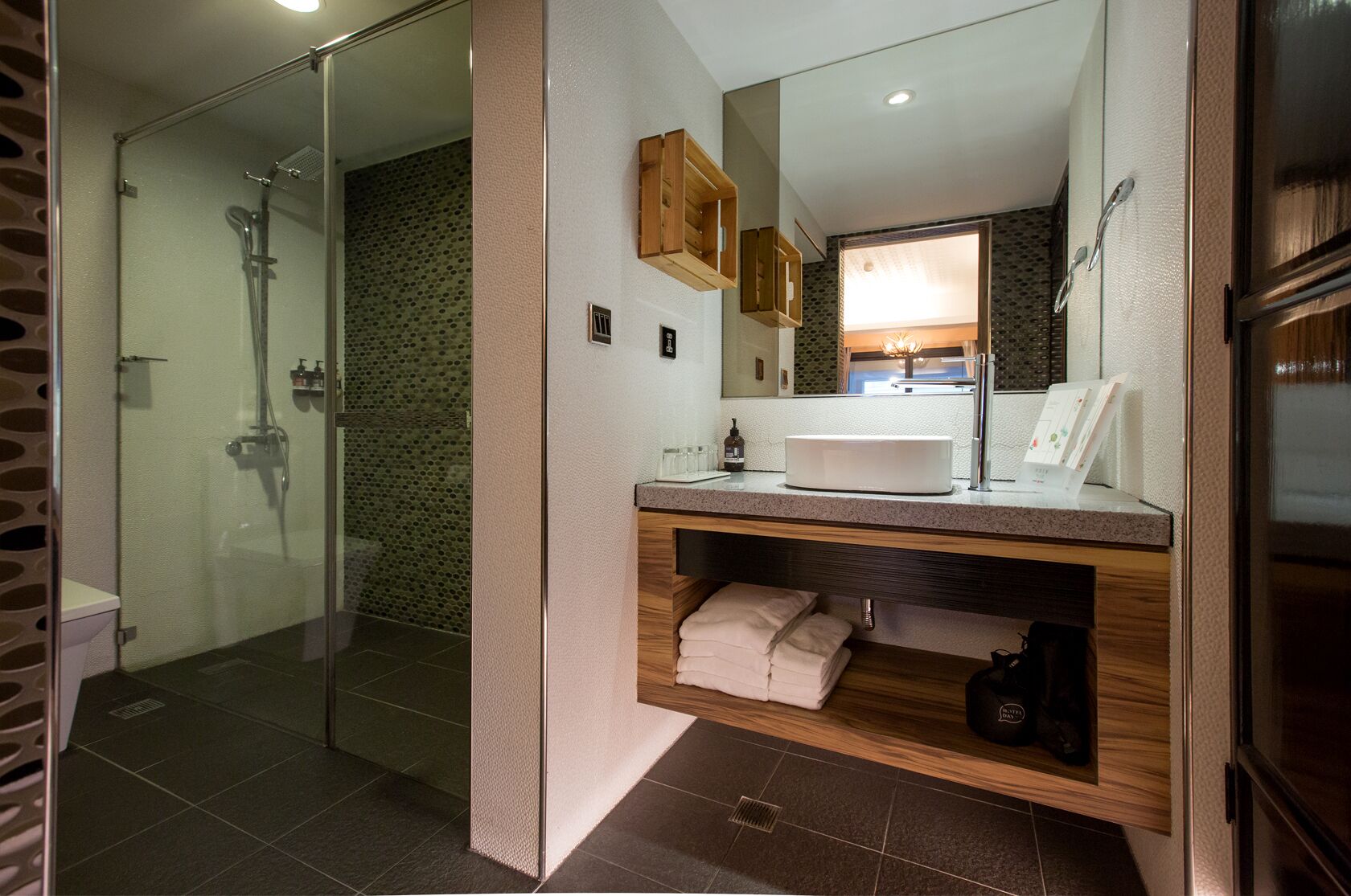 shower, rainfall showerhead, hair dryer, slippers