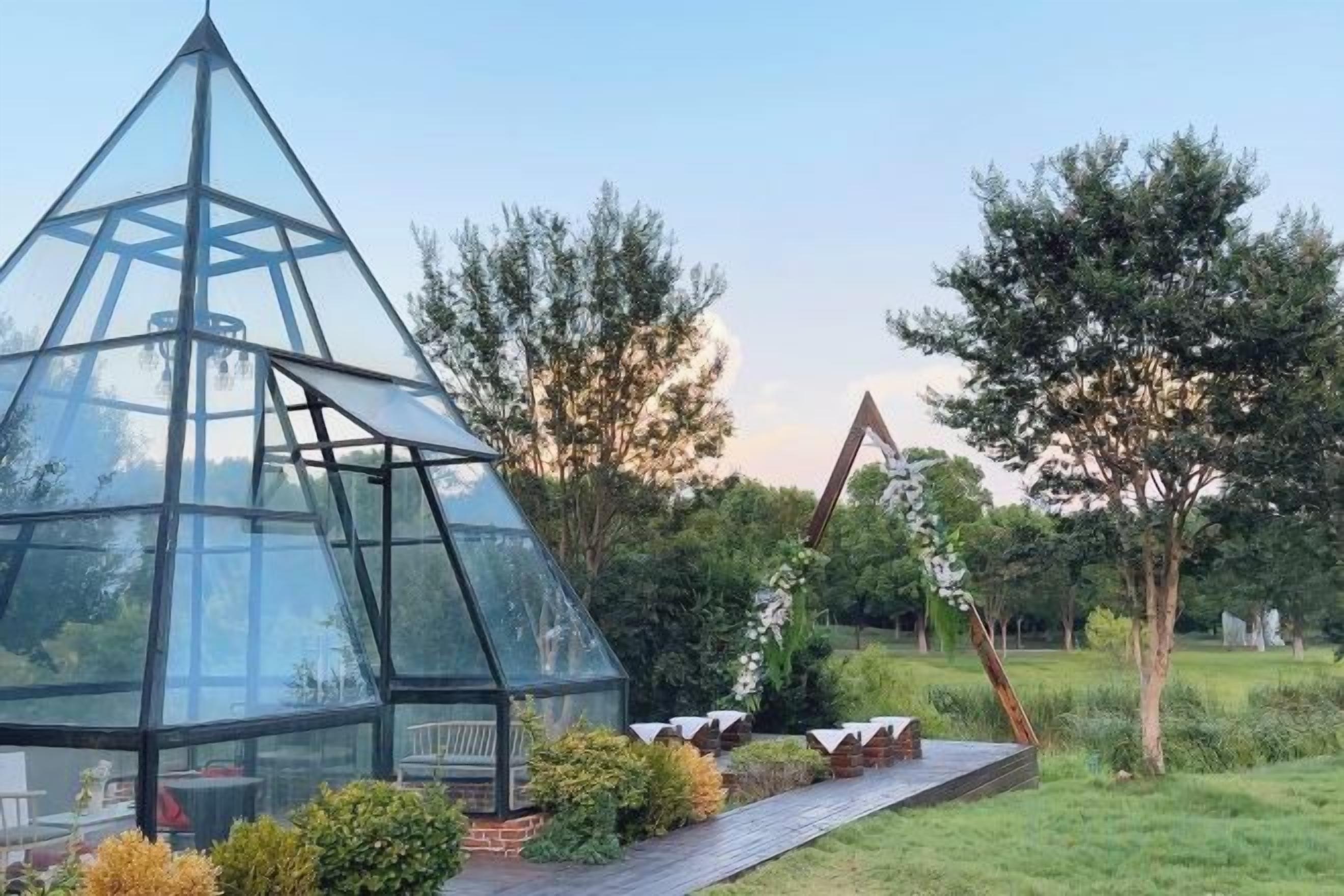 A glass greenhouse structure with a geometric design, surrounded by a garden with various plants and a wooden deck.