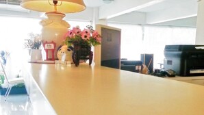Een schone, moderne keuken met een wit aanrecht, een lamp en een vaas met bloemen.