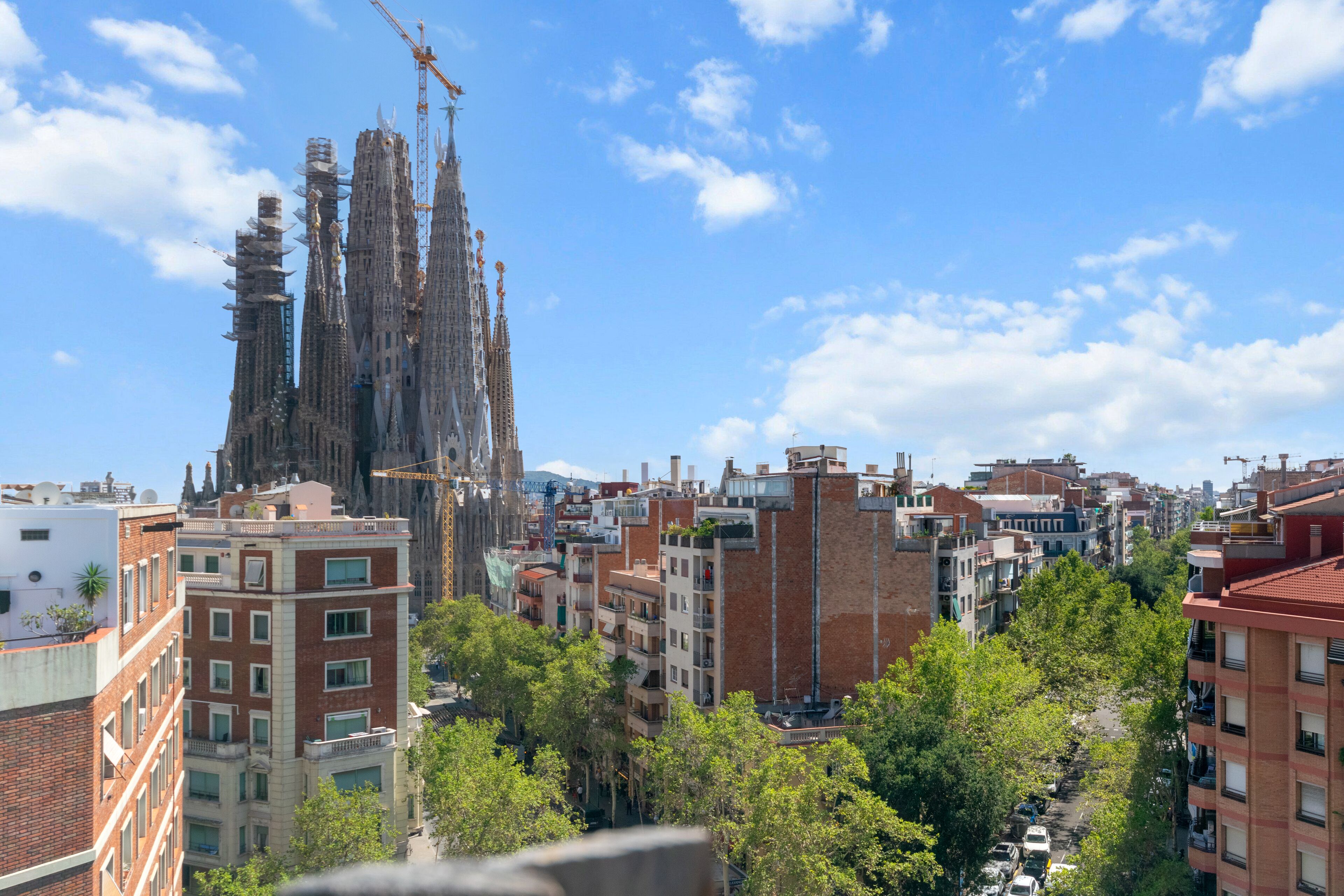 Un paisaje urbano con una catedral destacada y edificios residenciales a su alrededor.