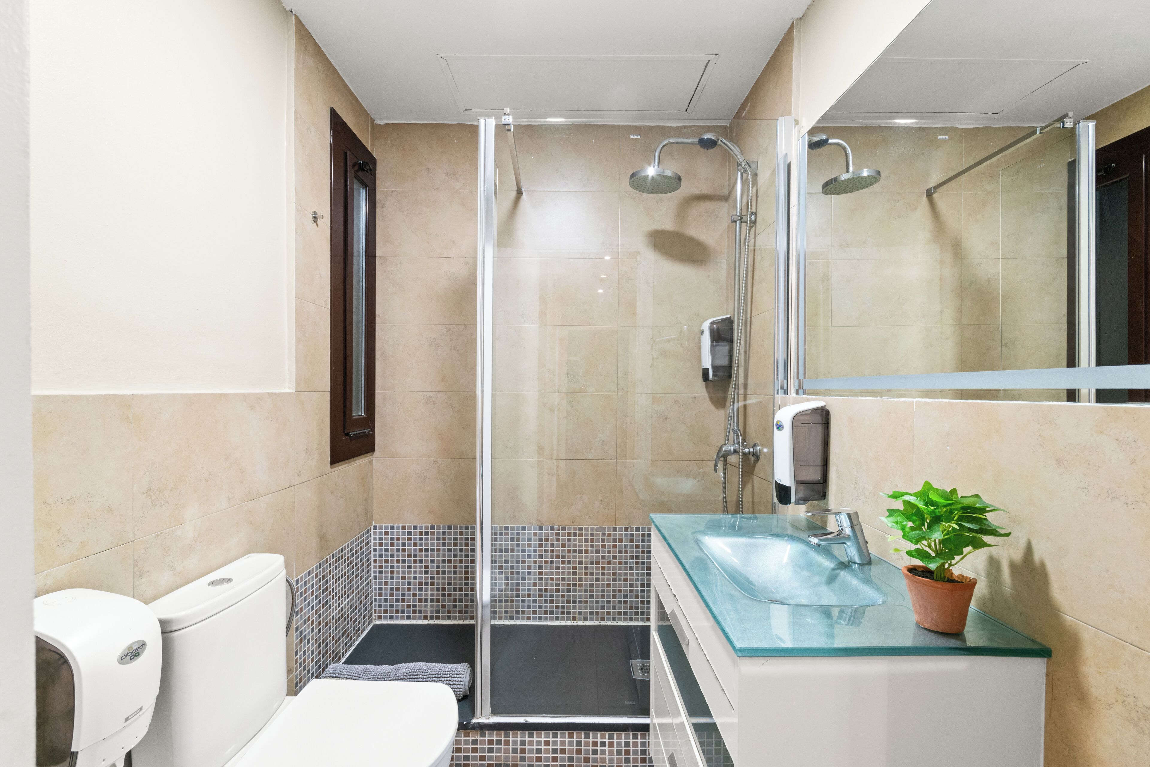 A modern bathroom with a glass shower enclosure, a glass sink, a toilet, and a potted plant.