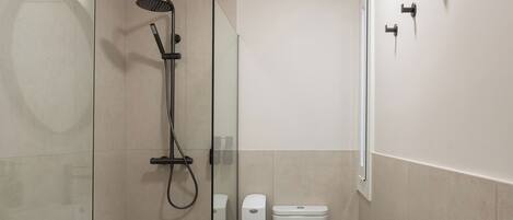 A modern bathroom with a glass-enclosed shower, a toilet, and a sink.