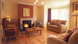 A living room with a fireplace, a sofa, a chair, and a coffee table. - Ard na Mara Holiday Homes (Dingle)