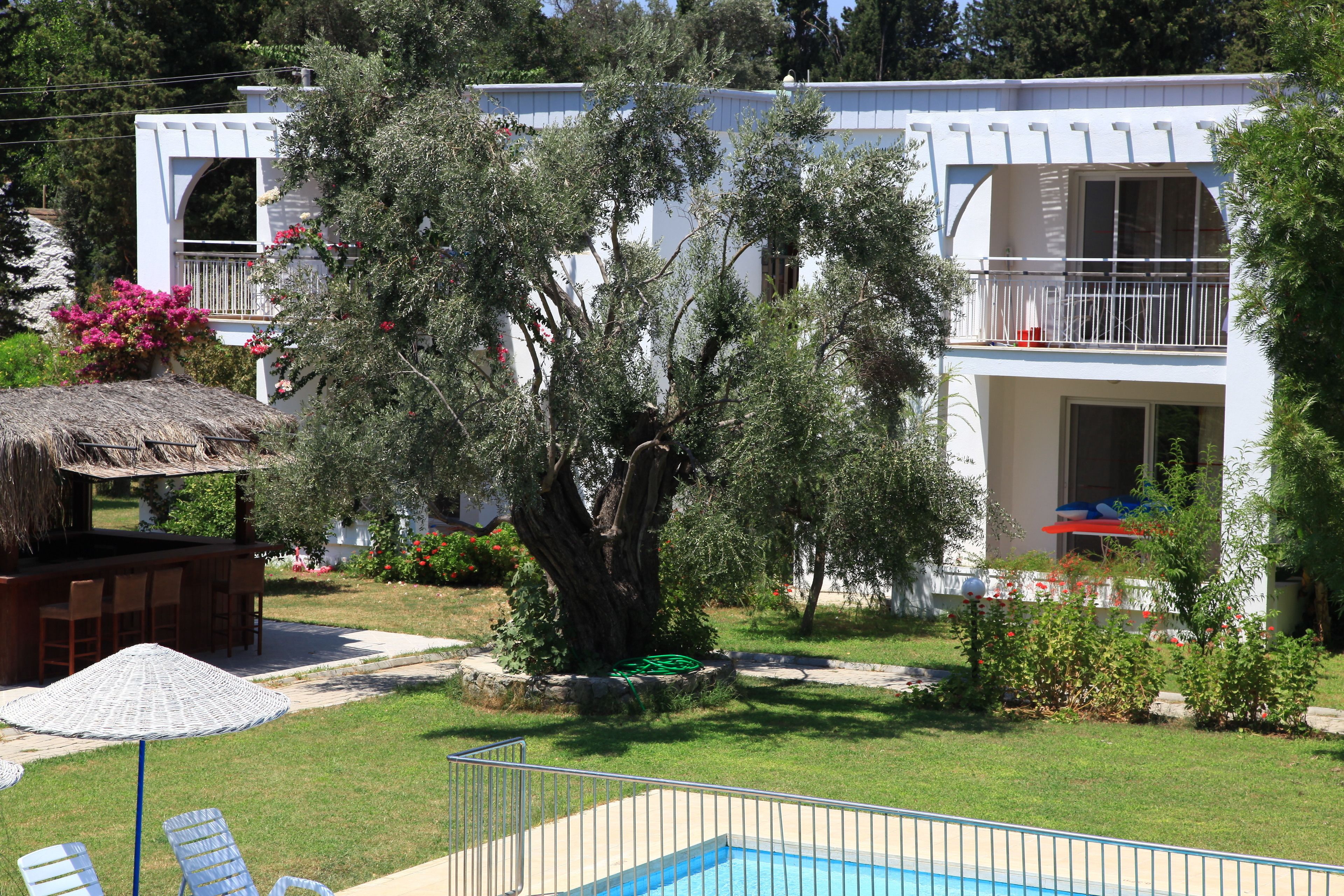 A two-story building with a balcony, a swimming pool, and a thatched-roof structure.