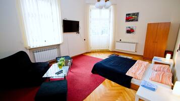 A room with a bed, a desk, a chair, a radiator, a TV, and a wardrobe.