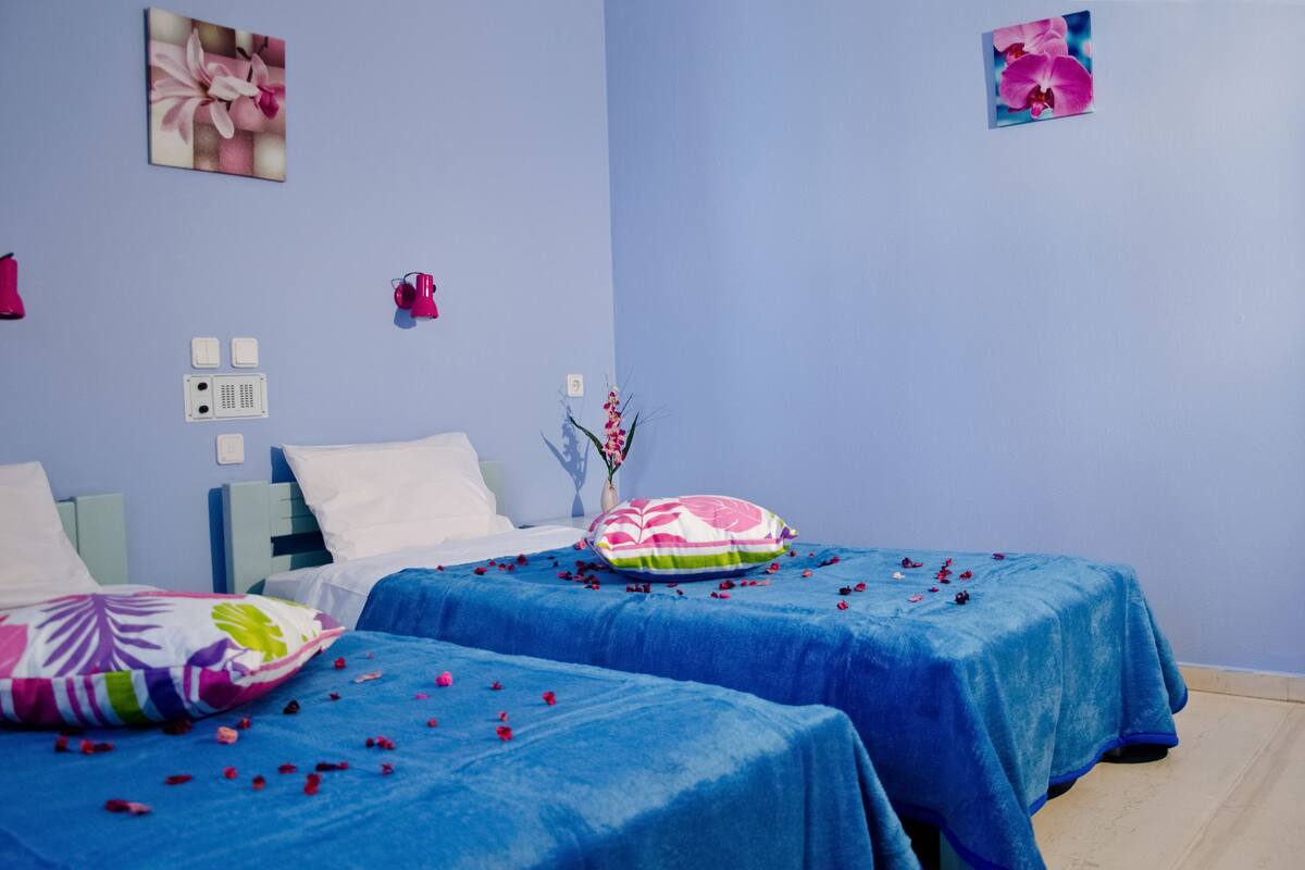 A room with two beds, each covered with blue bedspreads and adorned with colorful pillows.