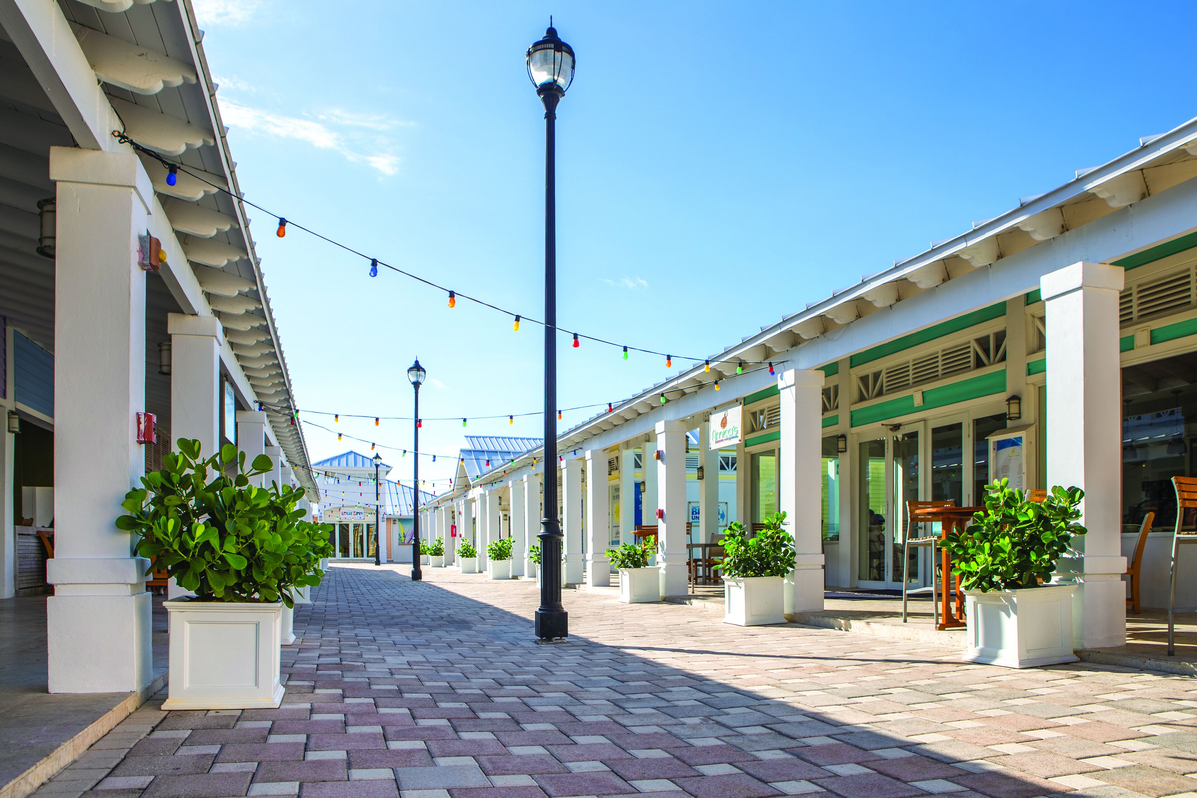 A covered pedestrian walkway with potted plants, a street lamp, and storefronts.