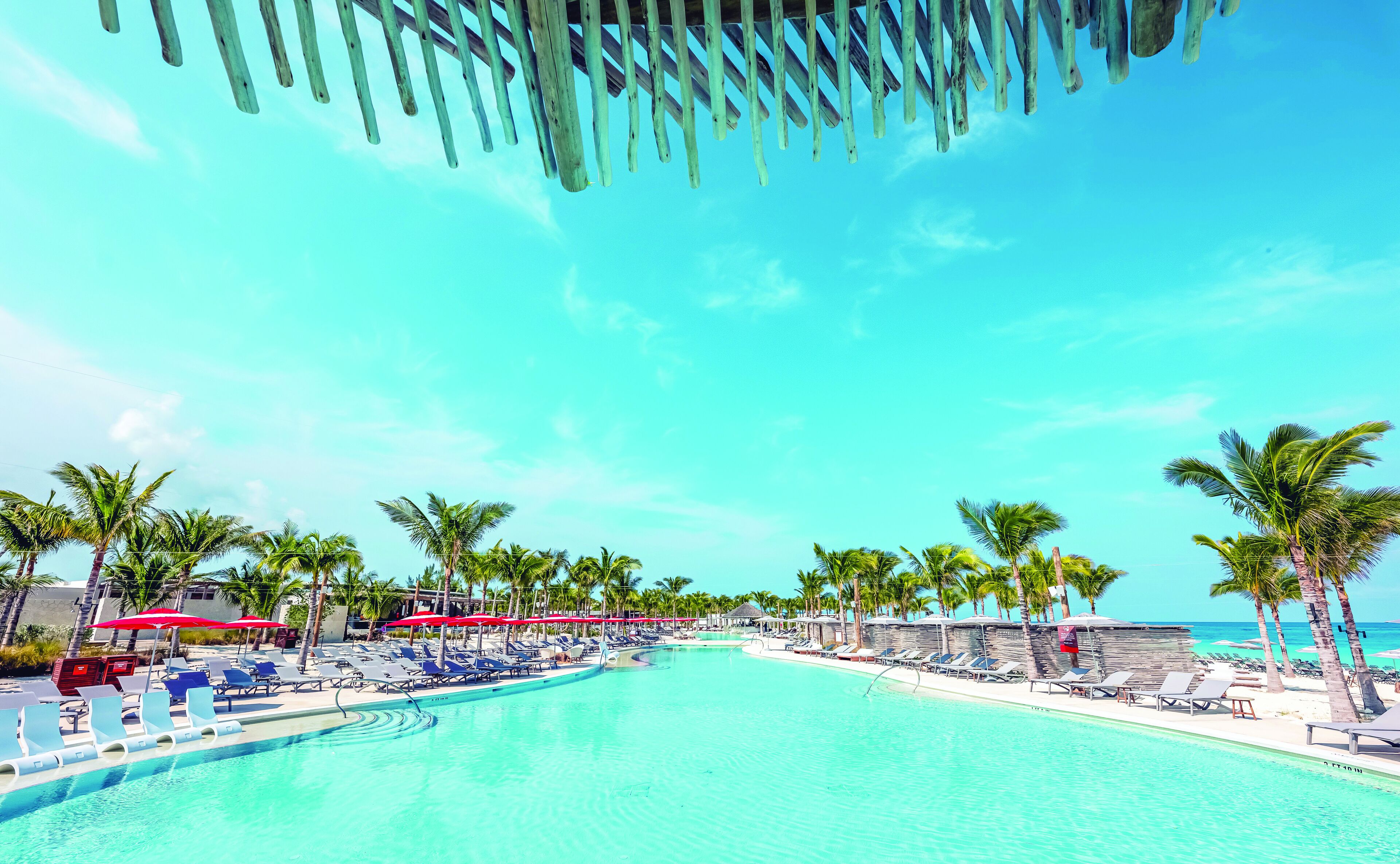 A pool area with lounge chairs and umbrellas, surrounded by palm trees and a clear sky.