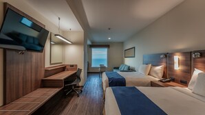 Habitación de hotel con televisión, escritorio, dos camas, una silla y ventana con vista.