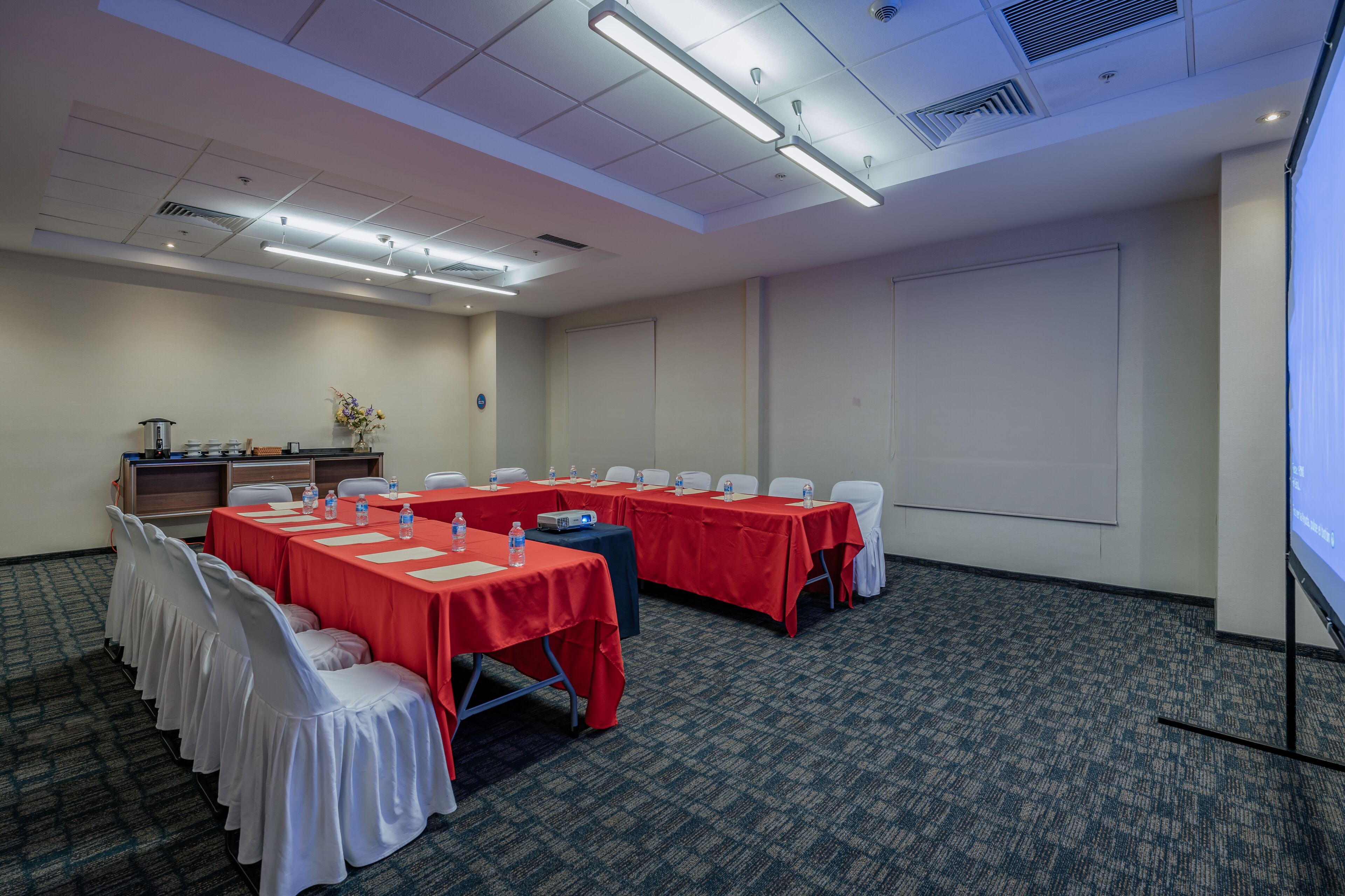Una sala conferenze con tavoli e sedie, uno schermo per proiettore e pavimento in moquette.
