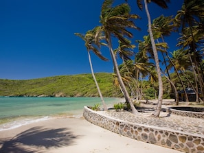 A beach with palm trees and a stone wall. - Firefly Estate Bequia (Bequia Island)