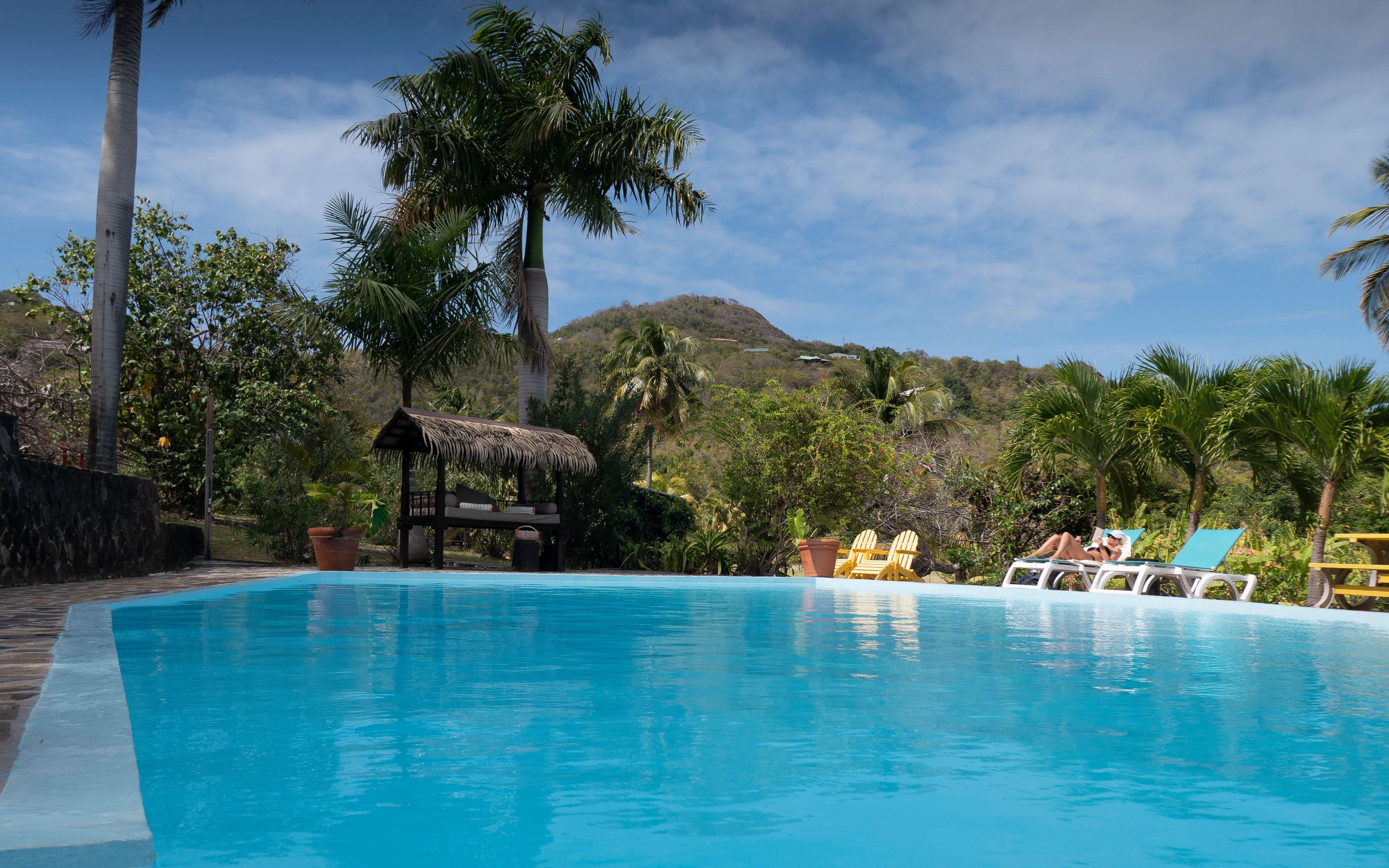 Piscine extérieure, chaises longues